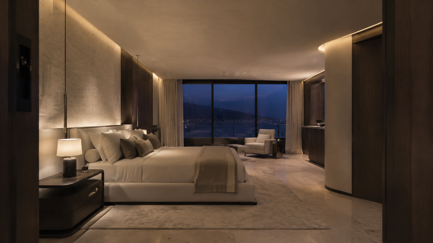 A calm contemporary bedroom with warm architectural lighting at dusk